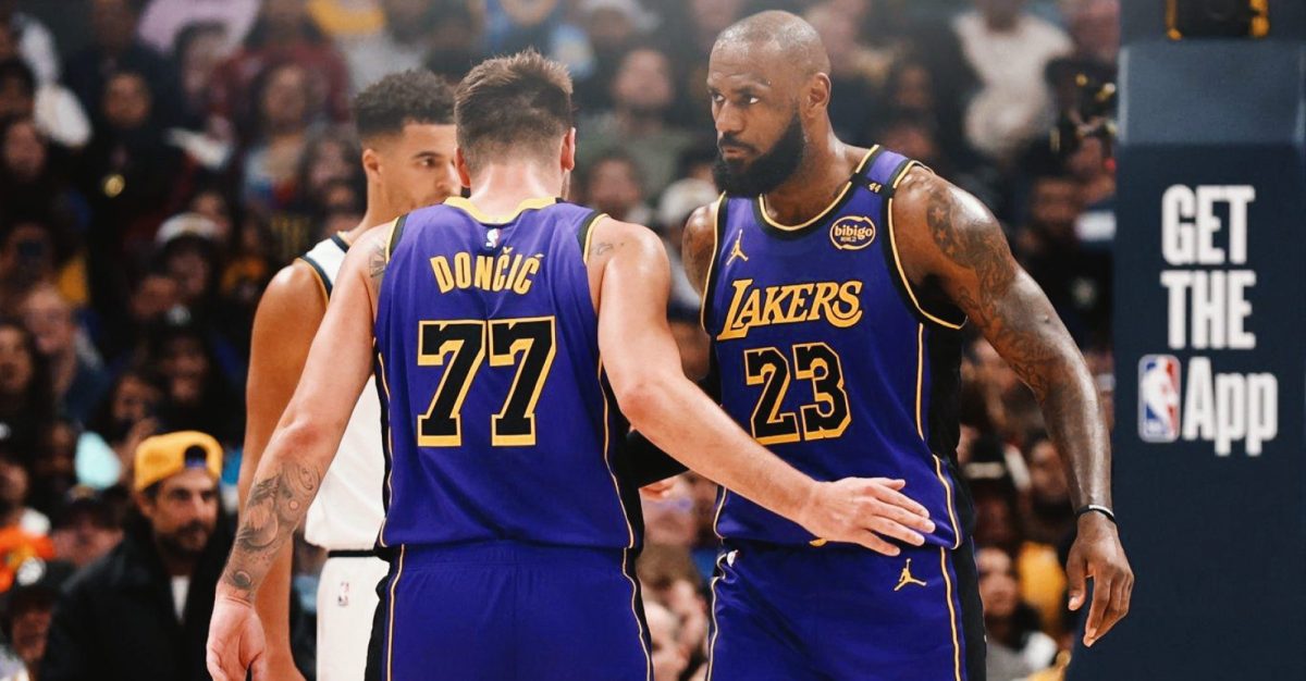 Lebron James and Luka Doncic celebrating a crucial win against the Denver Nuggets 