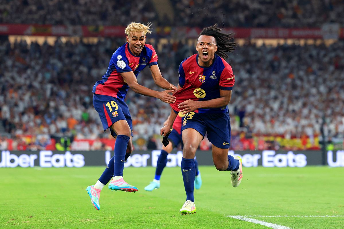Lamine Yamal and Jules Kounde celebrate shocking goal to end the game