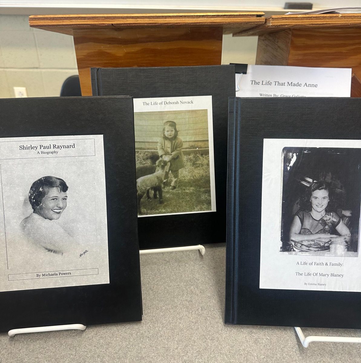 Family biography displays in Mitchell's classroom. 